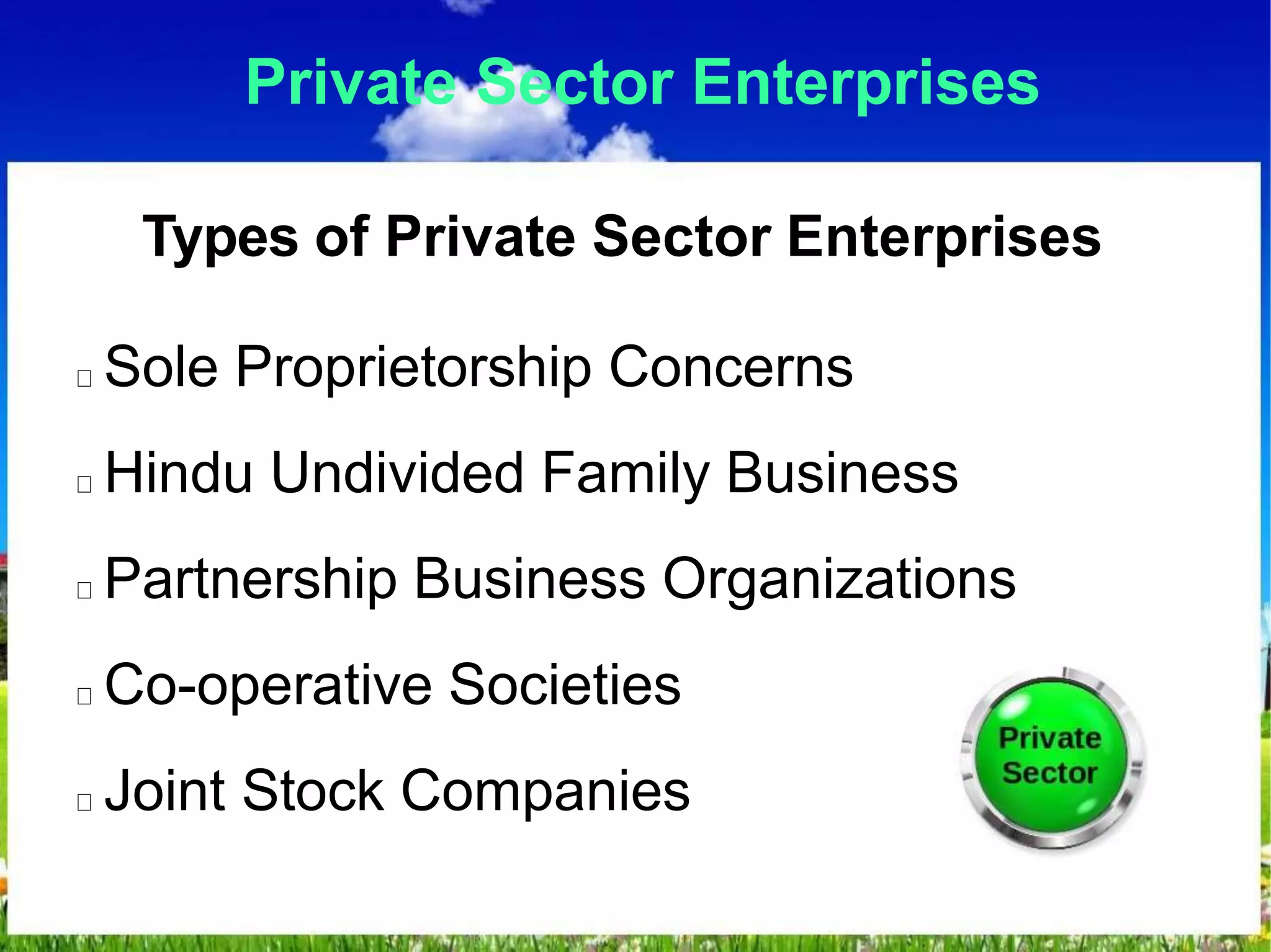 Private Sector Enterprises
Types of Private Sector Enterprises
Sole Proprietorship Concerns
Hindu Undivided Family Business
Partnership Business Organizations
Co-operative Societies
Joint Stock Companies
 