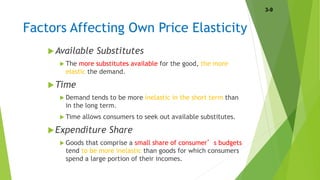 Factors Affecting Own Price Elasticity
Available Substitutes
 The more substitutes available for the good, the more
elastic the demand.
Time
 Demand tends to be more inelastic in the short term than
in the long term.
 Time allows consumers to seek out available substitutes.
Expenditure Share
 Goods that comprise a small share of consumer’s budgets
tend to be more inelastic than goods for which consumers
spend a large portion of their incomes.
3-9
 
