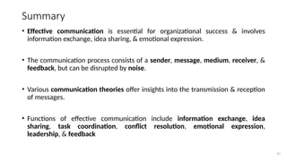 47
Summary
• Effective communication is essential for organizational success & involves
information exchange, idea sharing, & emotional expression.
• The communication process consists of a sender, message, medium, receiver, &
feedback, but can be disrupted by noise.
• Various communication theories offer insights into the transmission & reception
of messages.
• Functions of effective communication include information exchange, idea
sharing, task coordination, conflict resolution, emotional expression,
leadership, & feedback
 