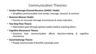 6
Communication Theories
• Sender-Message-Channel-Receiver (SMCR) Model:
• Simplifies communication into sender, message, channel, & receiver.
• Shannon-Weaver Model:
• Focuses on accurate message transmission & noise reduction.
• Two-Step Flow Theory:
• Information goes through opinion leaders before reaching others.
• Cognitive Dissonance Theory:
• Examines how communication affects decision-making & cognitive
consistency
• Social Exchange Theory:
• People communicate if benefits outweigh costs.
 