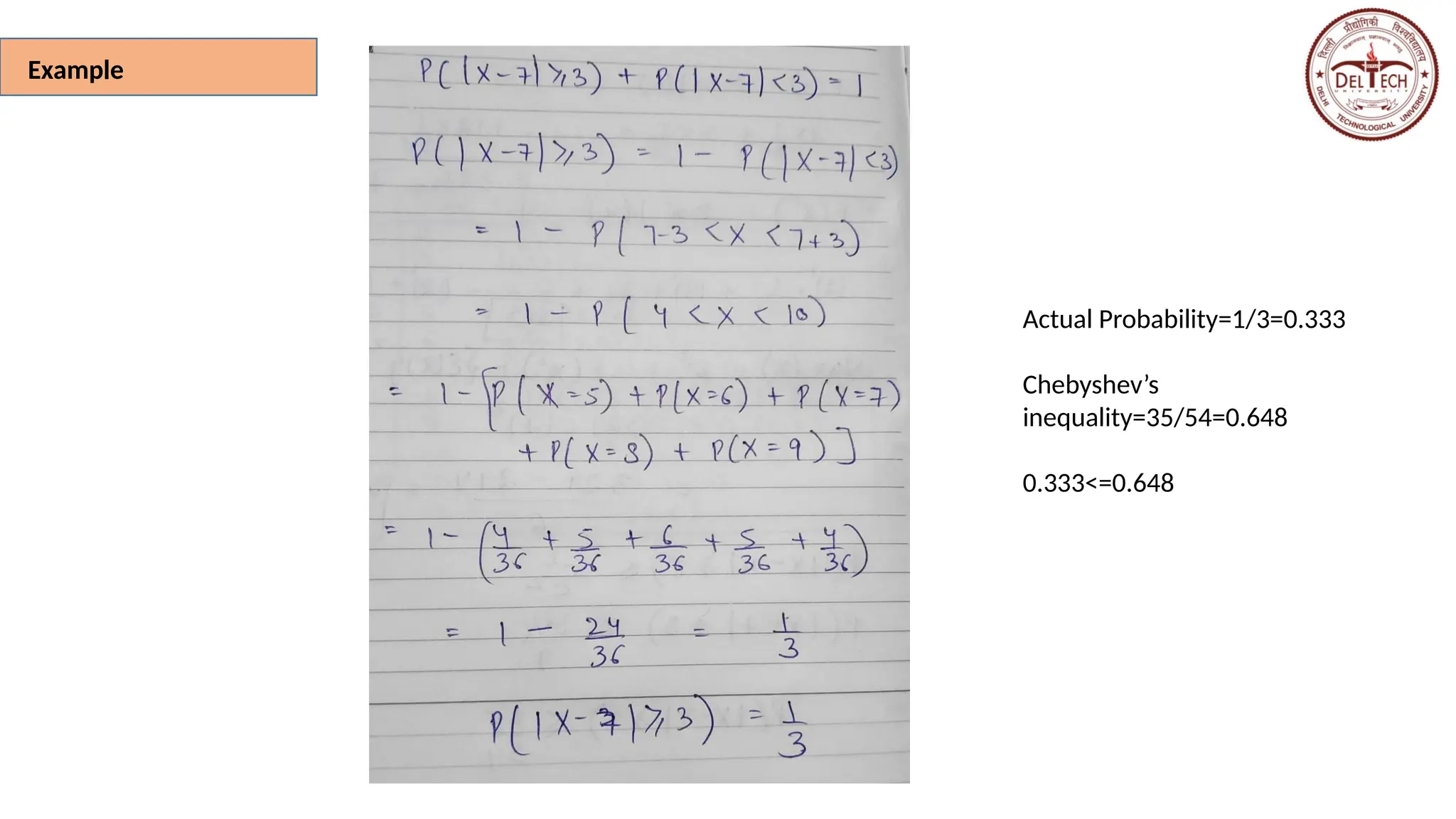 Example
Actual Probability=1/3=0.333
Chebyshev’s
inequality=35/54=0.648
0.333<=0.648
 
