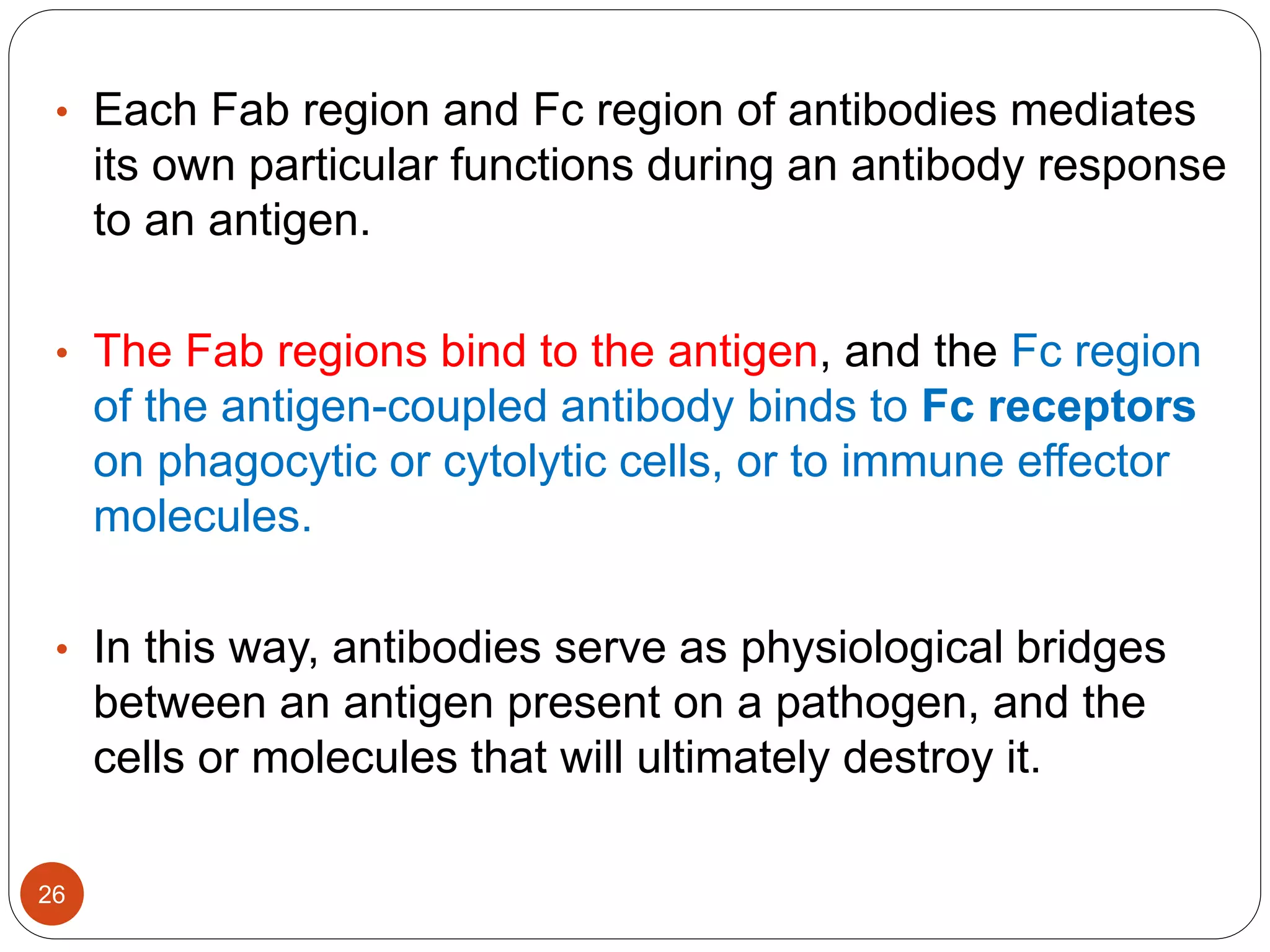 • Each Fab region and Fc region of antibodies mediates
its own particular functions during an antibody response
to an antigen.
• The Fab regions bind to the antigen, and the Fc region
of the antigen-coupled antibody binds to Fc receptors
on phagocytic or cytolytic cells, or to immune effector
molecules.
• In this way, antibodies serve as physiological bridges
between an antigen present on a pathogen, and the
cells or molecules that will ultimately destroy it.
26
 
