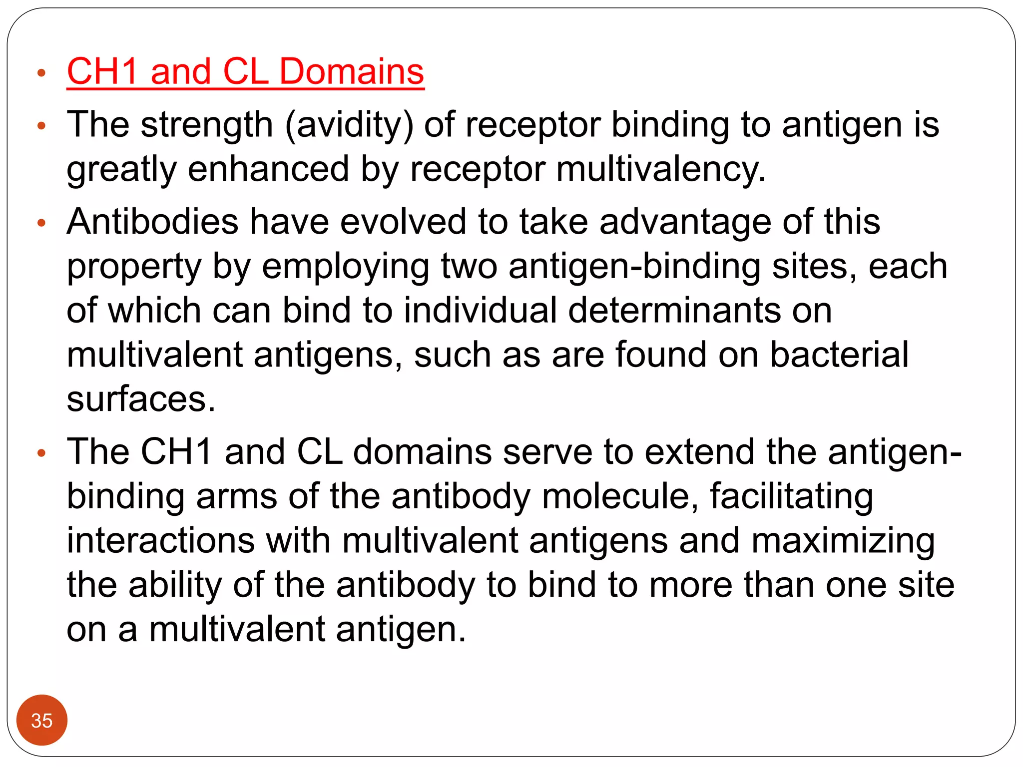 • CH1 and CL Domains
• The strength (avidity) of receptor binding to antigen is
greatly enhanced by receptor multivalency.
• Antibodies have evolved to take advantage of this
property by employing two antigen-binding sites, each
of which can bind to individual determinants on
multivalent antigens, such as are found on bacterial
surfaces.
• The CH1 and CL domains serve to extend the antigen-
binding arms of the antibody molecule, facilitating
interactions with multivalent antigens and maximizing
the ability of the antibody to bind to more than one site
on a multivalent antigen.
35
 