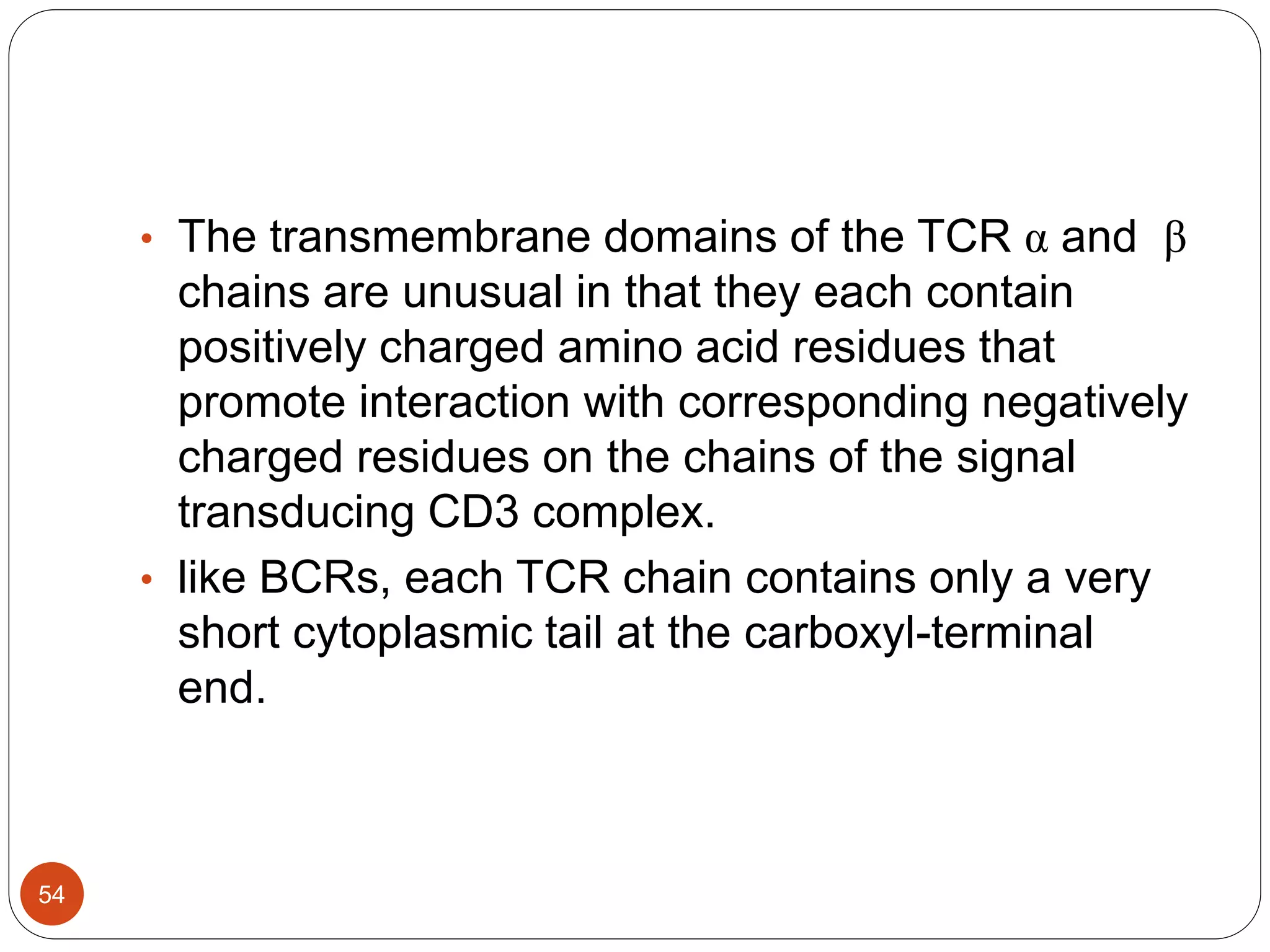 • The transmembrane domains of the TCR α and β
chains are unusual in that they each contain
positively charged amino acid residues that
promote interaction with corresponding negatively
charged residues on the chains of the signal
transducing CD3 complex.
• like BCRs, each TCR chain contains only a very
short cytoplasmic tail at the carboxyl-terminal
end.
54
 
