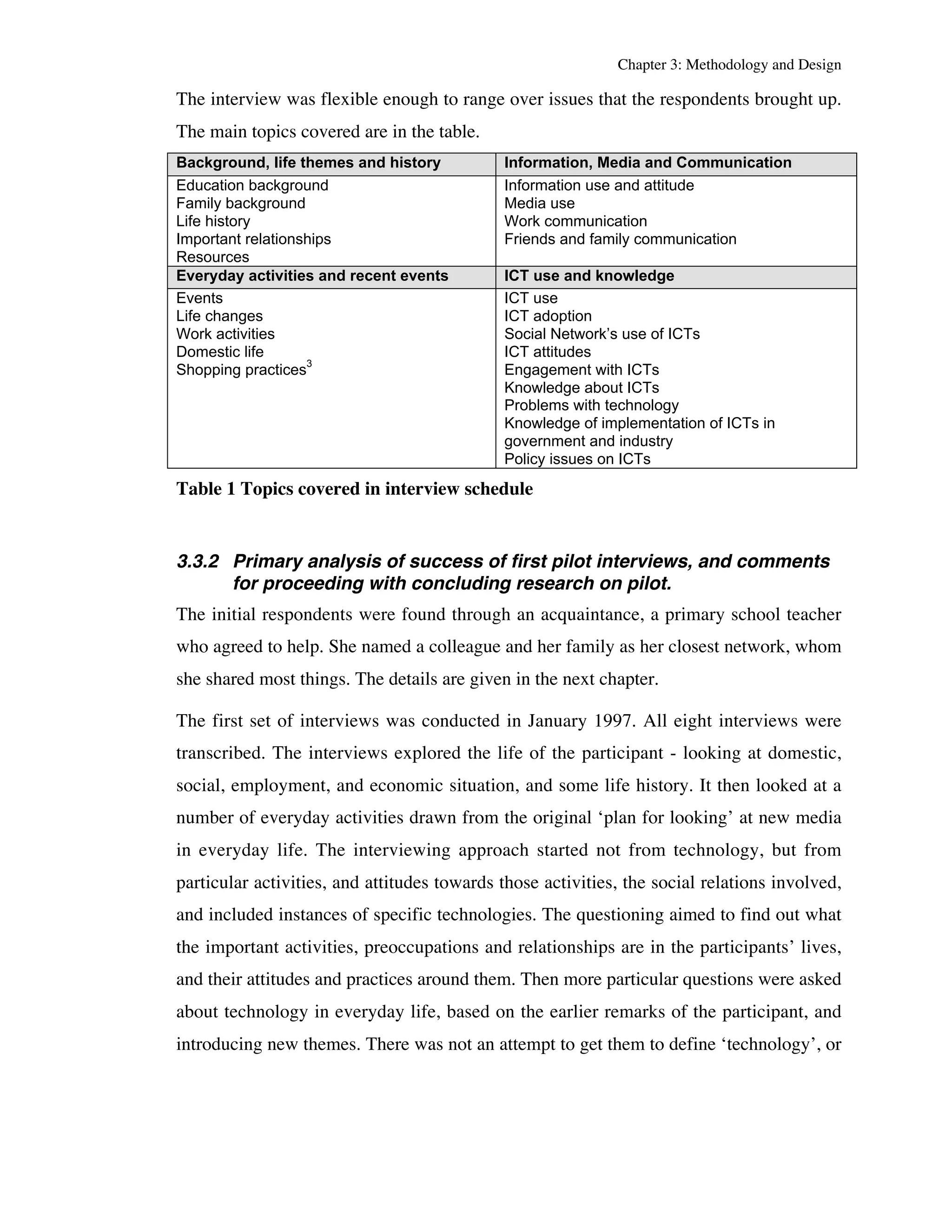 Chapter 3: Methodology and Design 
The interview was flexible enough to range over issues that the respondents brought up. 
The main topics covered are in the table. 
Background, life themes and history Information, Media and Communication 
Education background 
Information use and attitude 
Family background 
Media use 
Life history 
Work communication 
Important relationships 
Friends and family communication 
Resources 
Everyday activities and recent events ICT use and knowledge 
Events 
Life changes 
Work activities 
Domestic life 
Shopping practices3 
ICT use 
ICT adoption 
Social Network’s use of ICTs 
ICT attitudes 
Engagement with ICTs 
Knowledge about ICTs 
Problems with technology 
Knowledge of implementation of ICTs in 
government and industry 
Policy issues on ICTs 
Table 1 Topics covered in interview schedule 
3.3.2 Primary analysis of success of first pilot interviews, and comments 
for proceeding with concluding research on pilot. 
The initial respondents were found through an acquaintance, a primary school teacher 
who agreed to help. She named a colleague and her family as her closest network, whom 
she shared most things. The details are given in the next chapter. 
The first set of interviews was conducted in January 1997. All eight interviews were 
transcribed. The interviews explored the life of the participant - looking at domestic, 
social, employment, and economic situation, and some life history. It then looked at a 
number of everyday activities drawn from the original ‘plan for looking’ at new media 
in everyday life. The interviewing approach started not from technology, but from 
particular activities, and attitudes towards those activities, the social relations involved, 
and included instances of specific technologies. The questioning aimed to find out what 
the important activities, preoccupations and relationships are in the participants’ lives, 
and their attitudes and practices around them. Then more particular questions were asked 
about technology in everyday life, based on the earlier remarks of the participant, and 
introducing new themes. There was not an attempt to get them to define ‘technology’, or 
 