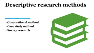 Descriptive research methods
• Observational method
• Case study method
• Survey research
 