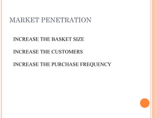 MARKET PENETRATION
INCREASE THE BASKET SIZE
INCREASE THE CUSTOMERS
INCREASE THE PURCHASE FREQUENCY
 