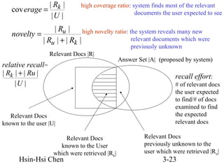 | Rk |
cov erage =
|U |

high coverage ratio: system finds most of the relevant
documents the user expected to see

| Ru |
high novelty ratio: the system reveals many new
novelty =
relevant documents which were
| Ru | + | Rk |
previously unknown

Relevant Docs |R|

relative recall=
| Rk | + | Ru |
|U |

Answer Set |A| (proposed by system)

recall effort:

Relevant Docs
known to the user |U|
Relevant Docs
known to the User
which were retrieved |Rk|

Hsin-Hsi Chen

# of relevant docs
the user expected
to find/# of docs
examined to find
the expected
relevant docs
Relevant Docs
previously unknown to the
user which were retrieved |Ru|

3-23

 