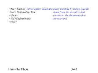 <fac> Factors (allow easier automatic query building by listing specific
<nat> Nationality: U.S.
items from the narrative that
</fact>
constraint the documents that
<def>Definition(s):
are relevant)
</top>

Hsin-Hsi Chen

3-42

 