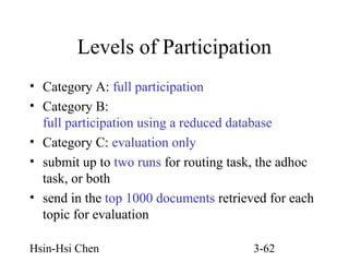 Levels of Participation
• Category A: full participation
• Category B:
full participation using a reduced database
• Category C: evaluation only
• submit up to two runs for routing task, the adhoc
task, or both
• send in the top 1000 documents retrieved for each
topic for evaluation
Hsin-Hsi Chen

3-62

 