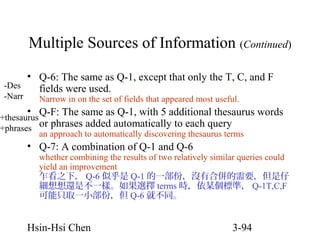 Multiple Sources of Information (Continued)
• Q-6: The same as Q-1, except that only the T, C, and F
-Des
fields were used.
-Narr

Narrow in on the set of fields that appeared most useful.

• Q-F: The same as Q-1, with 5 additional thesaurus words

+thesaurus
+phrases or phrases added automatically to each query
an approach to automatically discovering thesaurus terms

• Q-7: A combination of Q-1 and Q-6

whether combining the results of two relatively similar queries could
yield an improvement
乍看之下， Q-6 似乎是 Q-1 的一部份，沒有合併的需要，但是仔
細想想還是不一樣。如果選擇 terms 時，依某個標準， Q-1T,C,F
可能只取一小部份，但 Q-6 就不同。

Hsin-Hsi Chen

3-94

 