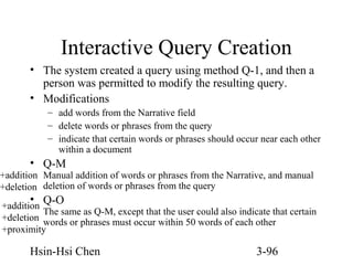 Interactive Query Creation
• The system created a query using method Q-1, and then a
person was permitted to modify the resulting query.
• Modifications
– add words from the Narrative field
– delete words or phrases from the query
– indicate that certain words or phrases should occur near each other
within a document

• Q-M

+addition Manual addition of words or phrases from the Narrative, and manual
+deletion deletion of words or phrases from the query

• Q-O

+addition
The same as Q-M, except that the user could also indicate that certain
+deletion words or phrases must occur within 50 words of each other
+proximity

Hsin-Hsi Chen

3-96

 