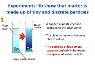 Blue in
colour

• A copper sulphate crystal is
dropped to the clear water.
• The clear water soon becomes
blue in colour.
• The particles of blue crystal
separate and mix in between
the spaces of water particles.

 