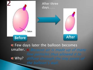 After three
days……

Before

After

Few days later the balloon becomes
smaller. Because air is made up of many

fine particles thus allowed it to
Why? diffuse through the tiny pores of
the balloon’s wall.

 