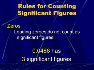 Rules for Counting
   Significant Figures

Zeros
  Leading zeroes do not count as
   significant figures:

            0.0486 has
        3 significant figures
 