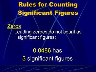 Rules for Counting Significant Figures Zeros Leading zeroes do not count as significant figures: 0.0486  has 3  significant figures 