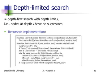 Depth-limited search = depth-first search with depth limit  l , i.e., nodes at depth  l  have no successors Recursive implementation : 