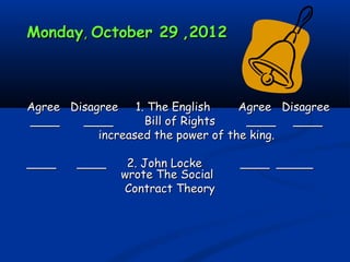 MondayMonday,, October 29October 29 ,2012,2012
Agree Disagree 1. The English Agree DisagreeAgree Disagree 1. The English Agree Disagree
____ ____ Bill of Rights ____ ________ ____ Bill of Rights ____ ____
increased the power of the king.increased the power of the king.
____ ____ 2. John Locke____ ____ 2. John Locke ____ _________ _____
wrote The Socialwrote The Social
Contract TheoryContract Theory
 