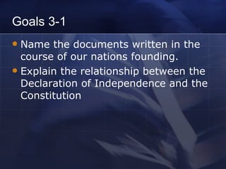 Goals 3-1 Name the documents written in the course of our nations founding. Explain the relationship between the Declaration of Independence and the Constitution 