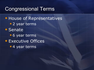 Congressional Terms House of Representatives 2 year terms Senate 6 year terms Executive Offices 4 year terms 