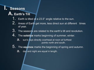 I.

Seasons

A. Earth’s Tilt
1.
2.

Earth is tilted at a 23.5° angle relative to the sun.

3.
4.

The seasons are related to the earth’s tilt and revolution.

Areas of Earth get more, less direct sun at different times
of year.

The solstice marks beginning of summer, winter.

a.

5.

sun’s rays directly overhead at noon at furthest
points north and south.

The equinox marks the beginning of spring and autumn.

a.

day and night are equal in length.

 