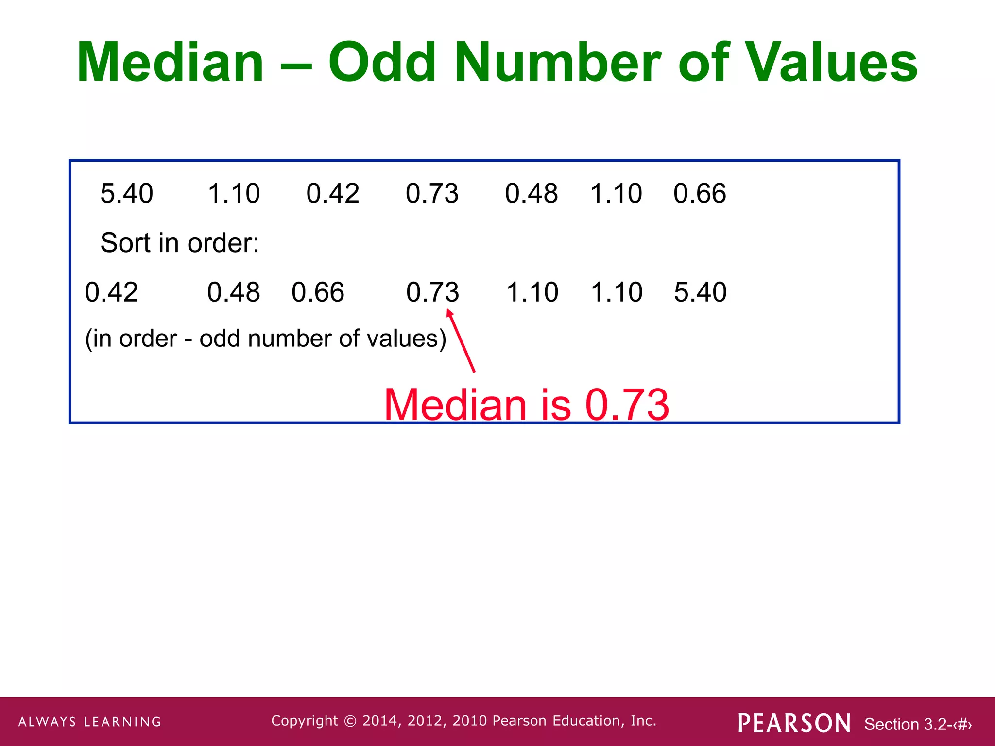 Section 3.2-‹#›
Copyright © 2014, 2012, 2010 Pearson Education, Inc.
5.40 1.10 0.42 0.73 0.48 1.10 0.66
Sort in order:
0.42 0.48 0.66 0.73 1.10 1.10 5.40
(in order - odd number of values)
Median is 0.73
Median – Odd Number of Values
 