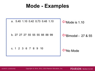 Section 3.2-‹#›
Copyright © 2014, 2012, 2010 Pearson Education, Inc.
a. 5.40 1.10 0.42 0.73 0.48 1.10
b. 27 27 27 55 55 55 88 88 99
c. 1 2 3 6 7 8 9 10
Mode - Examples
Mode is 1.10
No Mode
Bimodal - 27 & 55
 