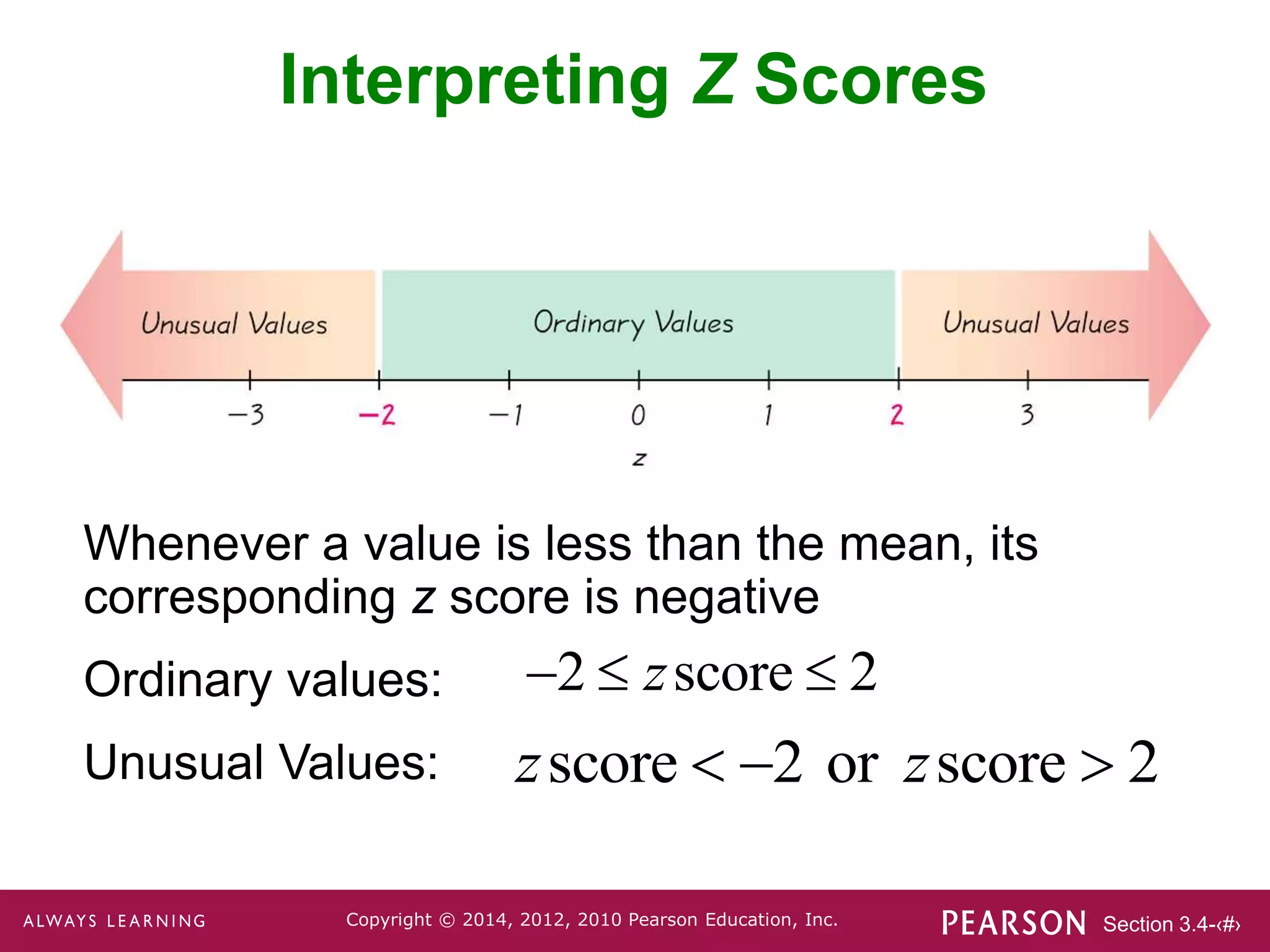 Section 3.4-‹#›
Copyright © 2014, 2012, 2010 Pearson Education, Inc.
Interpreting Z Scores
Whenever a value is less than the mean, its
corresponding z score is negative
Ordinary values:
Unusual Values:
2 score 2
z
  
score 2 or score 2
z z
  
 