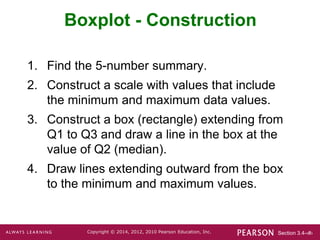 Section 3.4-‹#›
Copyright © 2014, 2012, 2010 Pearson Education, Inc.
1. Find the 5-number summary.
2. Construct a scale with values that include
the minimum and maximum data values.
3. Construct a box (rectangle) extending from
Q1 to Q3 and draw a line in the box at the
value of Q2 (median).
4. Draw lines extending outward from the box
to the minimum and maximum values.
Boxplot - Construction
 