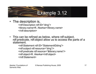 Example 3.12
• The description is,
           <rdf:Description rdf:ID=”ding”>
           <library:name>R. Akerkar</library.name>
           </rdf:description>

• This can be refined as below, where rdf:subject,
  rdf:predicate, rdf:object allow us to access the parts of a
  statement.
           <rdf:Statement rdf:ID=”StatementIDding”>
           <rdf:subject rdf:resource=”ding”/>
           <rdf:predicate rdf:resorce=”&library;name”/>
           <rdf:object>R. Akerkar</rdf:object>
           </rdf:Statement>


Akerkar: Foundations of   © Narosa Publishing House, 2009   17
Semantic Web.
 