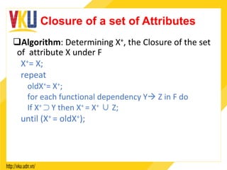 Closure of a set of Attributes
q Algorithm:	Determining	X+,	the	Closure	of	the	set	
of		attribute	X	under	F	
X+=	X;	
repeat	
oldX+=	X+;	
for	each	functional	dependency	Yà	Z	in	F	do	
If	X+	⊃	Y	then	X+	=	X+	∪	Z;	
until	(X+	=	oldX+);	
	
 
