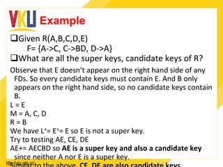 Example
q Given	R(A,B,C,D,E)	
	 	F=	{A->C,	C->BD,	D->A}	
q What	are	all	the	super	keys,	candidate	keys	of	R?	
Observe	that	E	doesn’t	appear	on	the	right	hand	side	of	any	
FDs.	So	every	candidate	keys	must	contain	E.	And	B	only		
appears	on	the	right	hand	side,	so	no	candidate	keys	contain	
B.	
L	=	E	
M	=	A,	C,	D	
R	=	B	
We	have	L+=	E+=	E	so	E	is	not	a	super	key.	
Try	to	testing	AE,	CE,	DE		
AE+=	AECBD	so	AE	is	a	super	key	and	also	a	candidate	key	
since	neither	A	nor	E	is	a	super	key.		
 