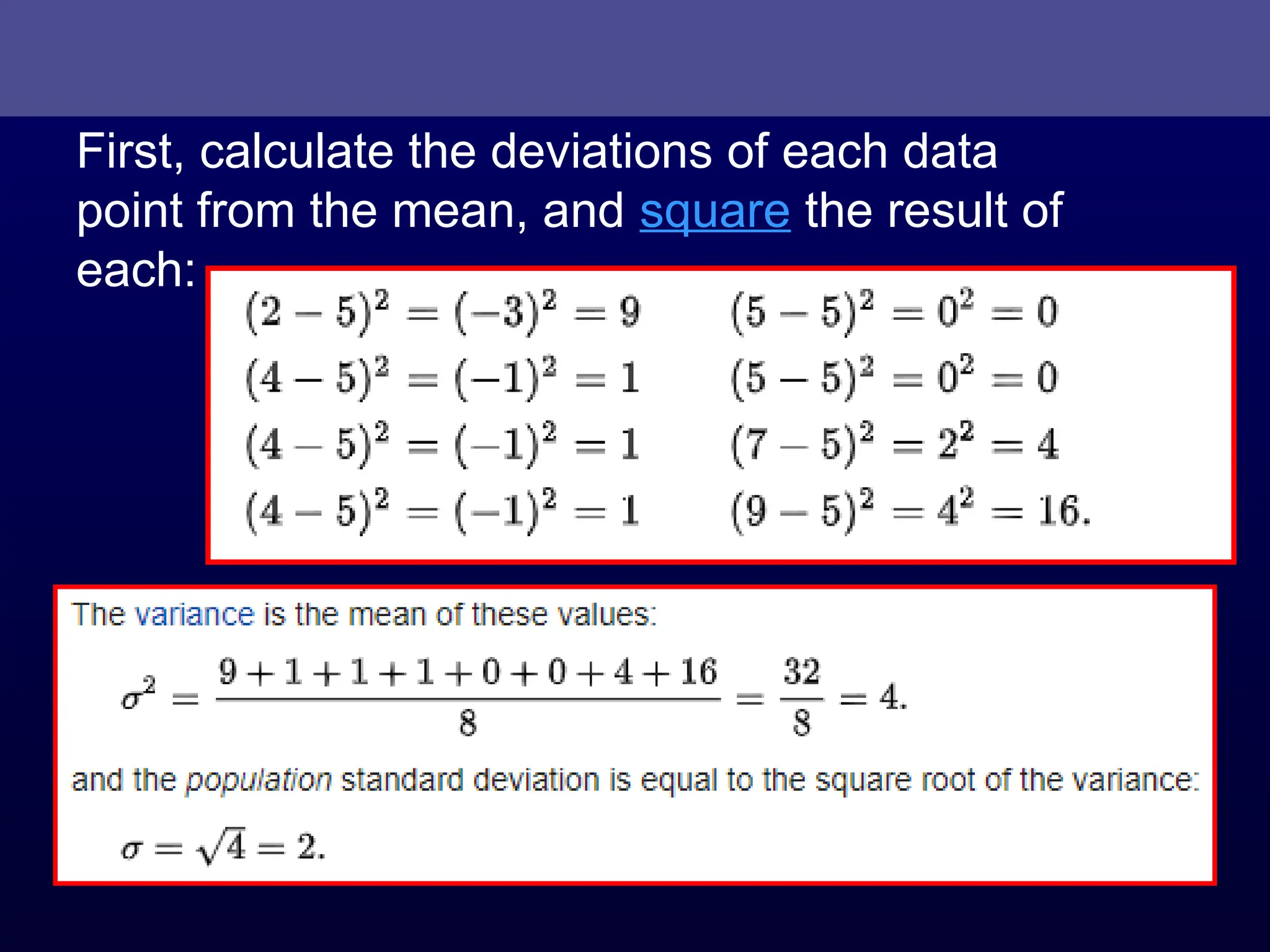 First, calculate the deviations of each data
point from the mean, and square the result of
each:
 