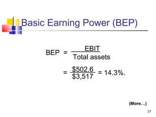 Basic Earning Power (BEP)

              EBIT
     BEP =
           Total assets

         = $502.6 = 14.3%.
           $3,517


                             (More…)
                                       27
 