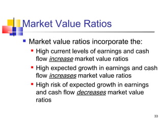 Market Value Ratios
   Market value ratios incorporate the:
       High current levels of earnings and cash
        flow increase market value ratios
       High expected growth in earnings and cash
        flow increases market value ratios
       High risk of expected growth in earnings
        and cash flow decreases market value
        ratios

                                               33
 