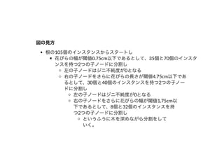 図の⾒⽅図の⾒⽅
根の105個のインスタンスからスタートし
花びらの幅が閾値0.75cm以下であるとして、35個と70個のインスタ
ンスを持つ2つの⼦ノードに分割し
左の⼦ノードはジニ不純度が0となる
右の⼦ノードをさらに花びらの⻑さが閾値4.75cm以下であ
るとして、30個と40個のインスタンスを持つ2つの⼦ノー
ドに分割し
左の⼦ノードはジニ不純度が0となる
右の⼦ノードをさらに花びらの幅が閾値1.75cm以
下であるとして、8個と32個のインスタンスを持
つ2つの⼦ノードに分割し
というふうに⽊を深めながら分割をして
いく。
 