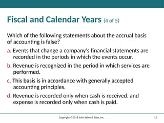 12
Copyright ©2018 John Wiley & Sons, Inc.
Fiscal and Calendar Years (4 of 5)
Which of the following statements about the accrual basis
of accounting is false?
a. Events that change a company’s ﬁnancial statements are
recorded in the periods in which the events occur.
b. Revenue is recognized in the period in which services are
performed.
c. This basis is in accordance with generally accepted
accounting principles.
d. Revenue is recorded only when cash is received, and
expense is recorded only when cash is paid.
 