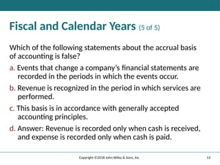 13
Copyright ©2018 John Wiley & Sons, Inc.
Fiscal and Calendar Years (5 of 5)
Which of the following statements about the accrual basis
of accounting is false?
a. Events that change a company’s ﬁnancial statements are
recorded in the periods in which the events occur.
b. Revenue is recognized in the period in which services are
performed.
c. This basis is in accordance with generally accepted
accounting principles.
d. Answer: Revenue is recorded only when cash is received,
and expense is recorded only when cash is paid.
 