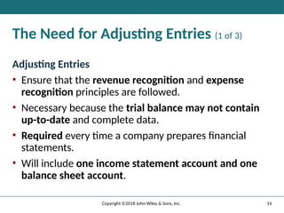 The Need for Adjusting Entries (1 of 3)
Adjusting Entries
• Ensure that the revenue recognition and expense
recognition principles are followed.
• Necessary because the trial balance may not contain
up-to-date and complete data.
• Required every time a company prepares financial
statements.
• Will include one income statement account and one
balance sheet account.
14
Copyright ©2018 John Wiley & Sons, Inc.
 