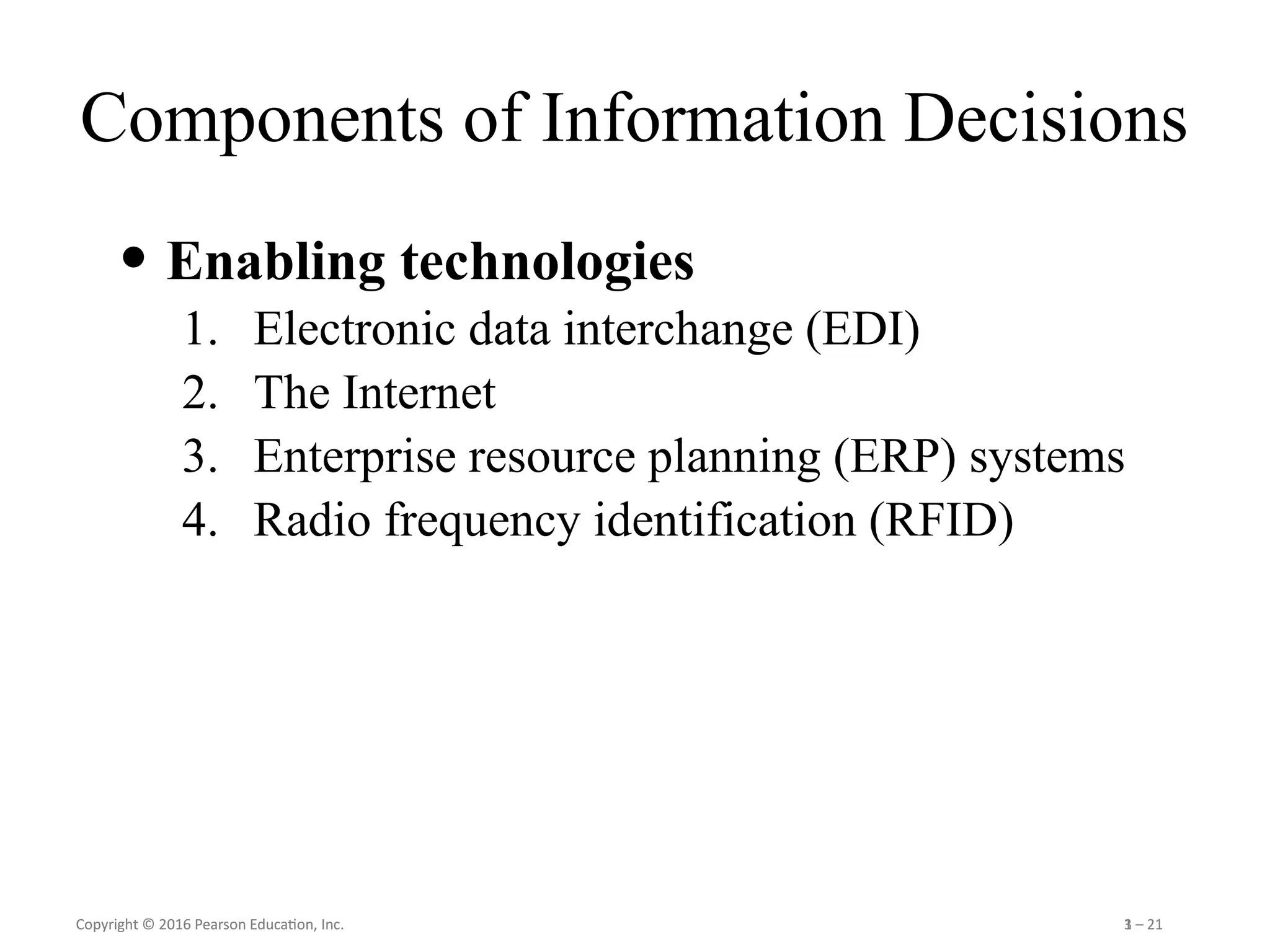 Copyright © 2016 Pearson Education, Inc. 1 – 21
Copyright © 2016 Pearson Education, Inc. 3 – 21
Components of Information Decisions
• Enabling technologies
1. Electronic data interchange (EDI)
2. The Internet
3. Enterprise resource planning (ERP) systems
4. Radio frequency identification (RFID)
 