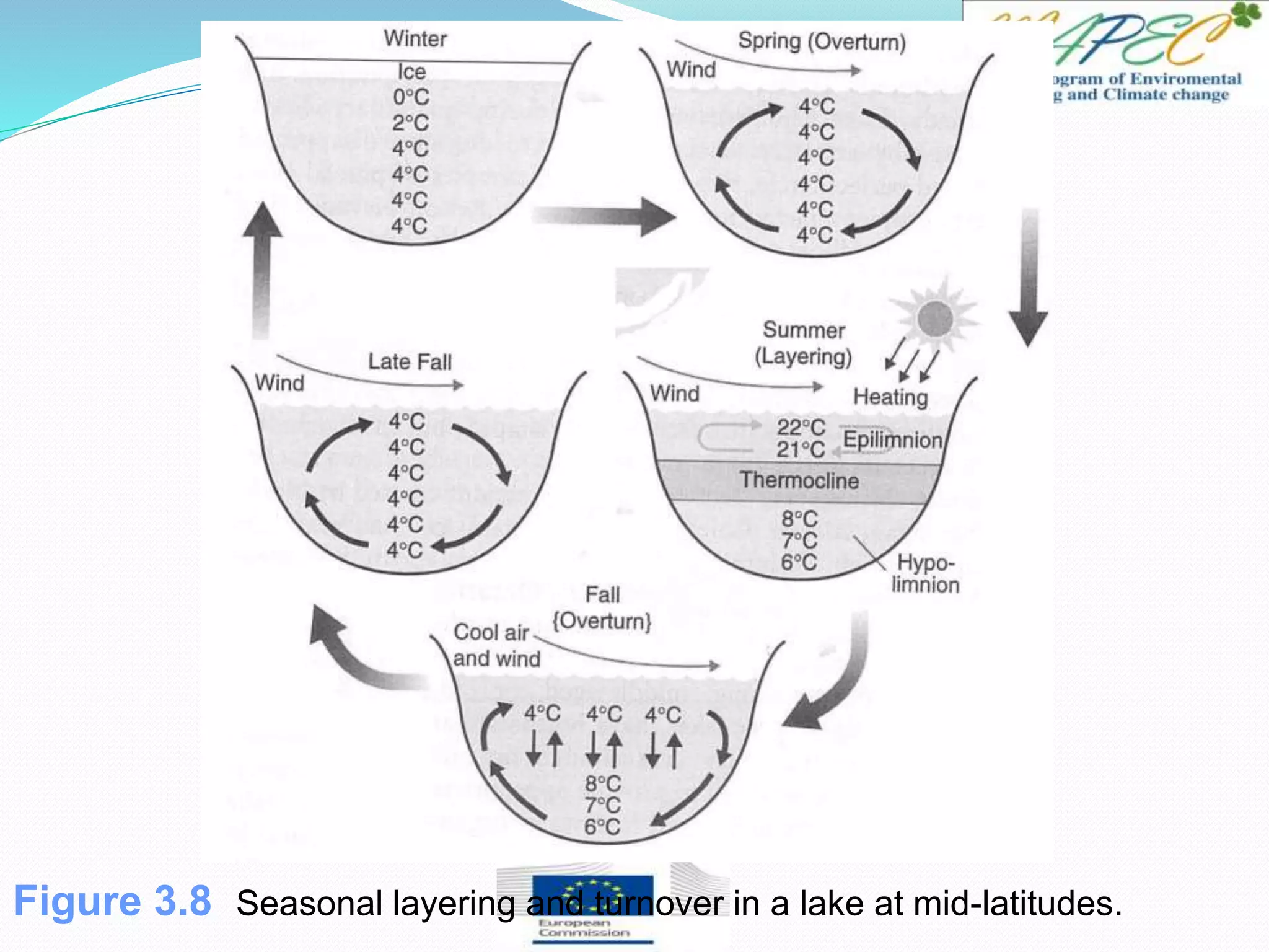 Figure 3.8 Seasonal layering and turnover in a lake at mid-latitudes.
 