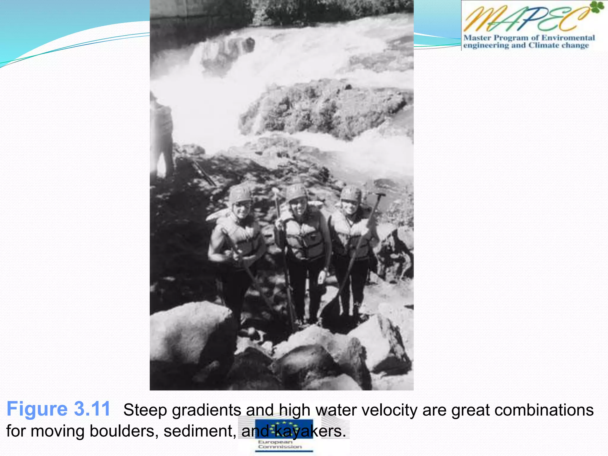 Figure 3.11 Steep gradients and high water velocity are great combinations
for moving boulders, sediment, and kayakers.
 