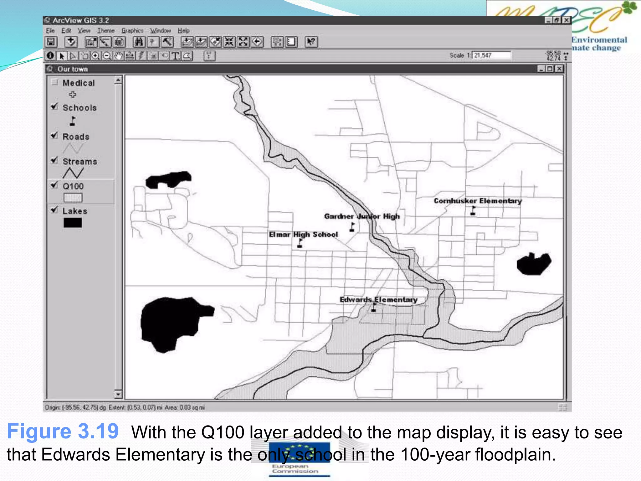 Figure 3.19 With the Q100 layer added to the map display, it is easy to see
that Edwards Elementary is the only school in the 100-year floodplain.
 