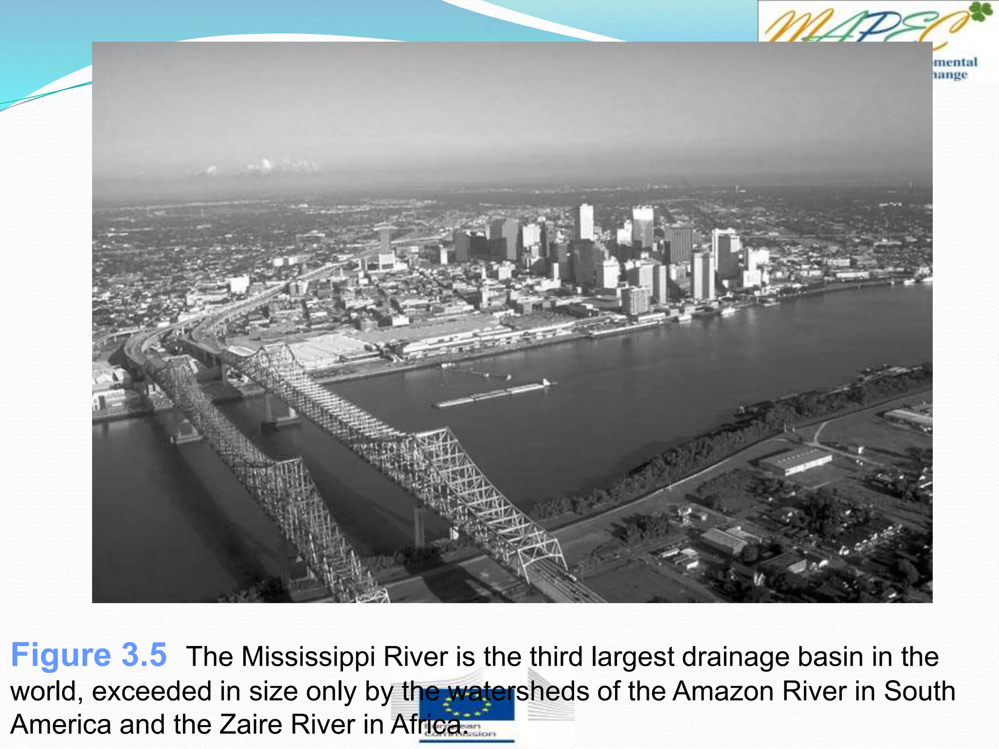 Figure 3.5 The Mississippi River is the third largest drainage basin in the
world, exceeded in size only by the watersheds of the Amazon River in South
America and the Zaire River in Africa.
 