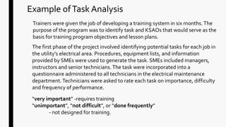 Example ofTask Analysis
Trainers were given the job of developing a training system in six months.The
purpose of the program was to identify task and KSAOs that would serve as the
basis for training program objectives and lesson plans.
The first phase of the project involved identifying potential tasks for each job in
the utility’s electrical area. Procedures, equipment lists, and information
provided by SMEs were used to generate the task. SMEs included managers,
instructors and senior technicians.The task were incorporated into a
questionnaire administered to all technicians in the electrical maintenance
department.Technicians were asked to rate each task on importance, difficulty
and frequency of performance.
“very important” -requires training
“unimportant”, “not difficult”, or “done frequently”
- not designed for training.
 