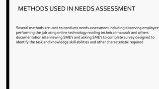 METHODS USED IN NEEDS ASSESSMENT
Several methods are used to conducts needs assessment including observing employees
performing the job using online technology reading technical manuals and others
documentation interviewing SME’s and asking SME’s to complete survey designed to
identify the task and knowledge skill abilities and other characteristic required
 