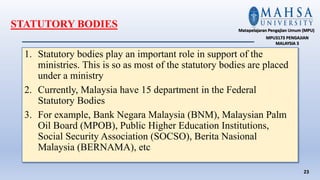 STATUTORY BODIES
1. Statutory bodies play an important role in support of the
ministries. This is so as most of the statutory bodies are placed
under a ministry
2. Currently, Malaysia have 15 department in the Federal
Statutory Bodies
3. For example, Bank Negara Malaysia (BNM), Malaysian Palm
Oil Board (MPOB), Public Higher Education Institutions,
Social Security Association (SOCSO), Berita Nasional
Malaysia (BERNAMA), etc
23
Matapelajaran Pengajian Umum (MPU)
MPU3173 PENGAJIAN
MALAYSIA 3
 