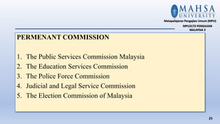PERMENANT COMMISSION
1. The Public Services Commission Malaysia
2. The Education Services Commission
3. The Police Force Commission
4. Judicial and Legal Service Commission
5. The Election Commission of Malaysia
25
Matapelajaran Pengajian Umum (MPU)
MPU3173 PENGAJIAN
MALAYSIA 3
 