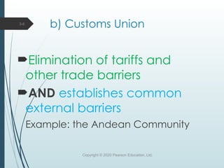 b) Customs Union
Elimination of tariffs and
other trade barriers
AND establishes common
external barriers
Example: the Andean Community
Copyright © 2020 Pearson Education, Ltd.
3-6
 