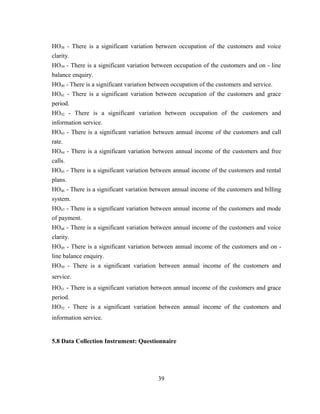 HO38 - There is a significant variation between occupation of the customers and voice 
clarity. 
HO39 - There is a significant variation between occupation of the customers and on - line 
balance enquiry. 
HO40 - There is a significant variation between occupation of the customers and service. 
HO41 - There is a significant variation between occupation of the customers and grace 
period. 
HO42 - There is a significant variation between occupation of the customers and 
information service. 
HO43 - There is a significant variation between annual income of the customers and call 
rate. 
HO44 - There is a significant variation between annual income of the customers and free 
calls. 
HO45 - There is a significant variation between annual income of the customers and rental 
plans. 
HO46 - There is a significant variation between annual income of the customers and billing 
system. 
HO47 - There is a significant variation between annual income of the customers and mode 
of payment. 
HO48 - There is a significant variation between annual income of the customers and voice 
clarity. 
HO49 - There is a significant variation between annual income of the customers and on - 
line balance enquiry. 
HO50 - There is a significant variation between annual income of the customers and 
service. 
HO51 - There is a significant variation between annual income of the customers and grace 
period. 
HO52 - There is a significant variation between annual income of the customers and 
information service. 
5.8 Data Collection Instrument: Questionnaire 
39 
 